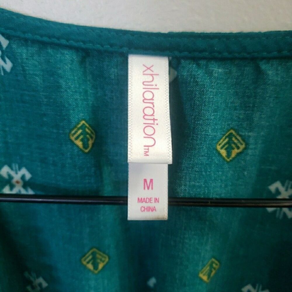 Boho Teal Green V-Neck Mini Dress Tie Waist Peasant Bell Sleeve Country Size M - Picture 5 of 11